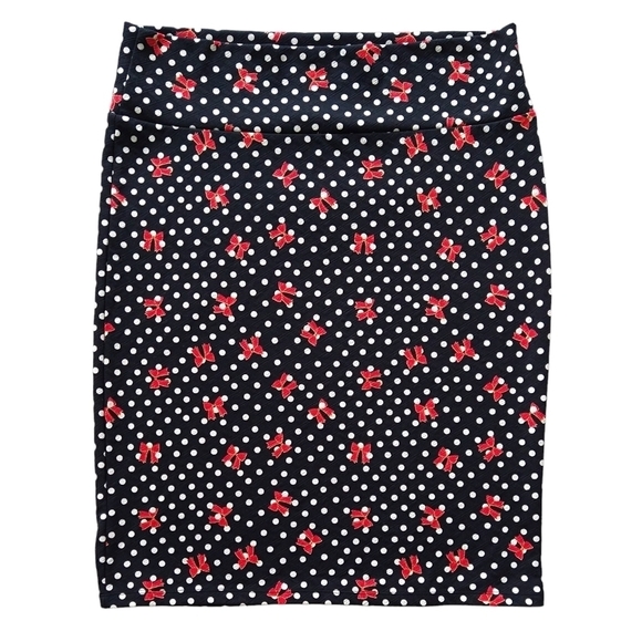 Lularoe Cassie Pencil Skirt Black Polka Dot Bow Knee Length Pull On Whimsical - Picture 1 of 9